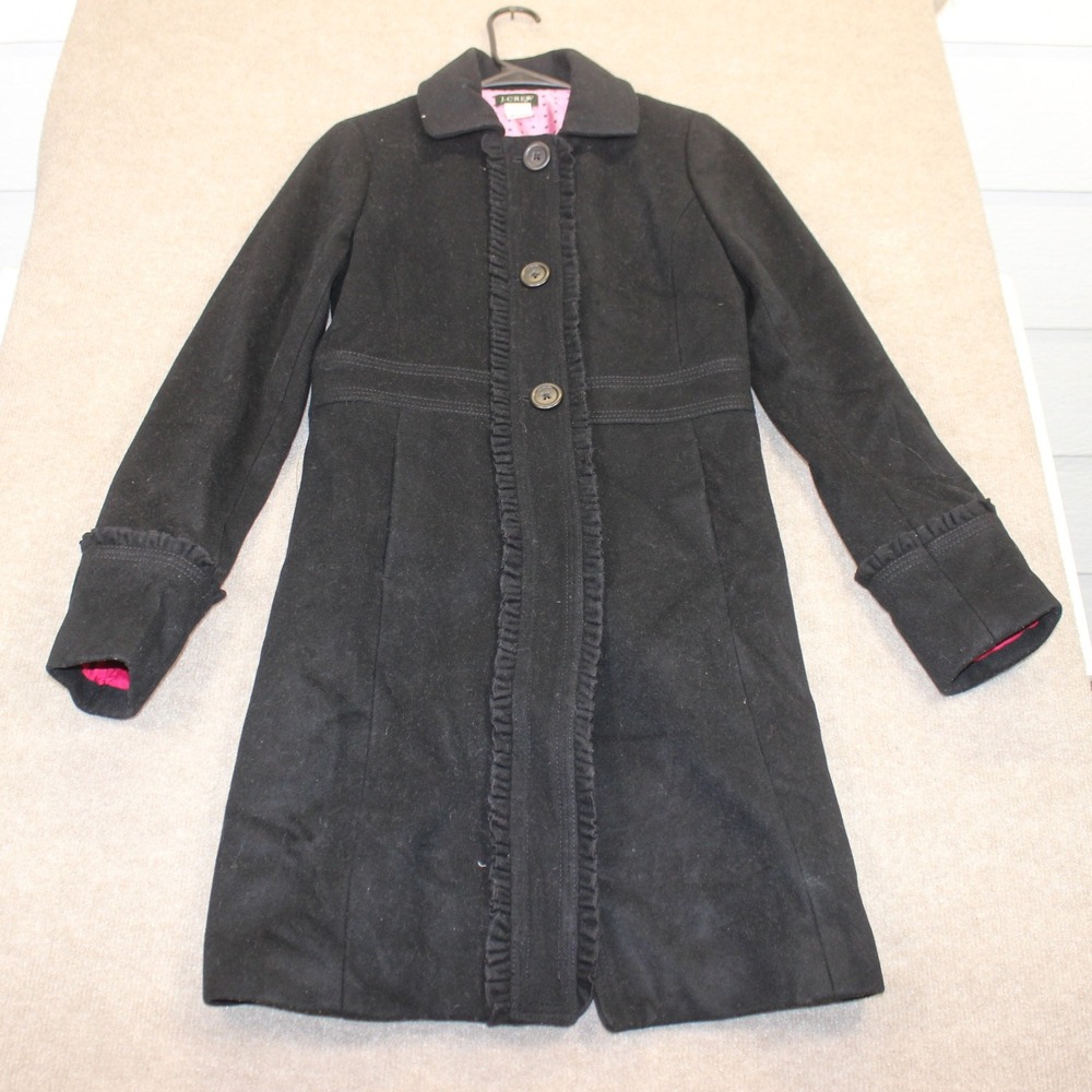 J.Crew Womens Black 100% Wool Ruffle Trim Polka Dot Lining Coat Size 2 RN77388